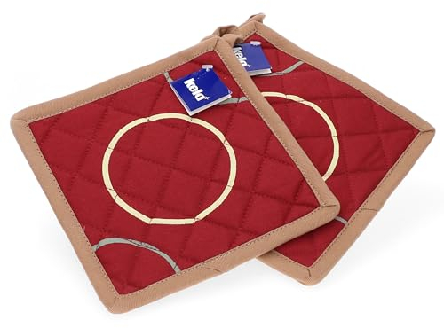 MamboCat 2er Set Topflappen Diego rot-braun Kreise Untersetzer I 18,5cm x 18,5cm I rot-braun mit Kreisen I Ideal beim Kochen und Backen I waschbare Ofenhandschuh
