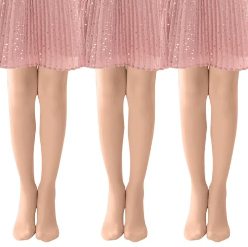 MK MATT KEELY 3 Paires Collant Fille 20 DEN Transparents Plaine Collants Fin Enfants pour Fête Ballet Danse Uniforme,Naturel,10-12 Ans