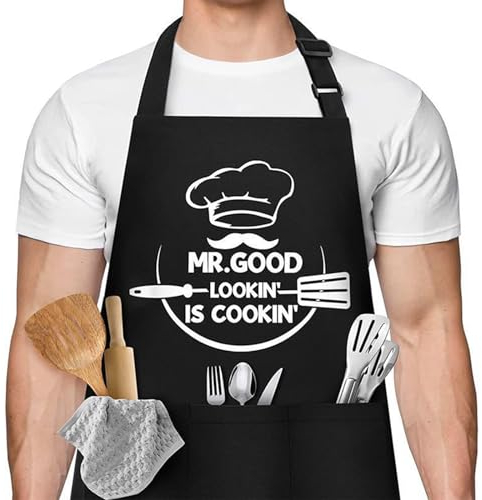 HENGBIRD GrillschüRze für MäNner, KochschüRze mit 3 Taschen, Verstellbar KochschüRze, Wasserdicht SchüRze Schwarz für MäNner Lustige Geschenke FüR papa Opa Geburtstag Vatertagsgeschenk