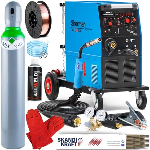 ALLWELD Sherman DIGIMIG 360 GDS - Vollsynergisches Profi MIG MAG Schweißgerät Schutzgas 400V 360A - Kombi Schweißgerät - WIG DC, MMA & Lötschweißen - 4 Rollen Drahtvorschub - Set:Professional