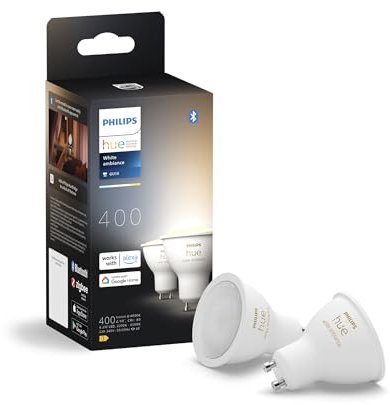 Philips Hue White Ambiance, Faretto LED Smart GU10, Luce Bianca da calda a fredda, 400lm, Compatibile con Bluetooth, controllo vocale con Alexa, Apple Home e Google Assistant, pack da 2