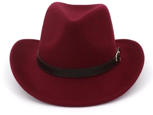 FULUJIDI Fedora Trilby Filzhut Hut Breite Krempe Cowboy Hut Panama Jazz Fedora Leder Schnalle Für Männer Frauen 56 To58Cm Burgund