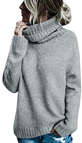 Runcati Pullover Damen Rollkragen Strickpullover Langarm Einfarbig Casual Loose Winter Warm Sweater,Grau,M