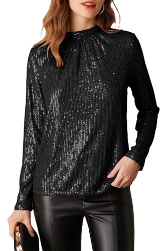 GRACE KARIN Donna Top con Paillettes Camicia con Glitter a Maniche Lunghe con Colletto Alto per Feste Camicia Elegante, Nero , M