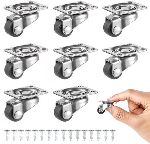 Sibba 8 Pcs Soft Rubber Swivel Caster Wheels - 0.5 Inch Small Low Profile Self-Adhesive Castor With 360 Degree Plate for Furniture, Kitchen, Planters