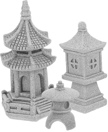 ANDRESLAD 3stücke Pavillon-statuendekor Gartenornament in Stein Pagoden-Ornament Für Tisch Oder Bonsai Kreatives Mini-gartendekor Für Heimdekoration