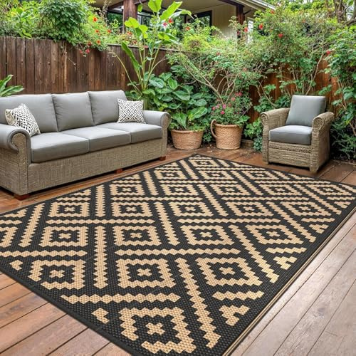 GENlMO Outdoor Teppich Wetterfest 240x300cm Picknickdecke Plastik-Strohhalm Matte UV-bestandig Camping Teppich Waschbarer Outdoor Teppiche fur Garten, Balkon,Pool, Deck, Hinterhof, Schwarz & Braun