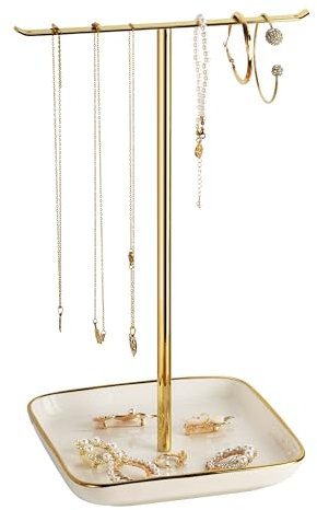 Schmuckständer mit Keramikbasis – Schmuckhalter & Schmuckaufbewahrung, T-förmiger Kettenhalter Schmuckbaum, Schmuck Organizer & Kettenständer Schmuck, Jewelry Stand Organizer für Frauen in Gold & Weiß