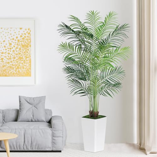 Keeplush Piante Finte Palma 210cm Alta con Vaso Bianco, Albero Artificiale da Interno Grandi con 18 Tronchi, Pianta Finta da Esterno per Soggiorno Balcone Camera da letto Ufficio Decorazione