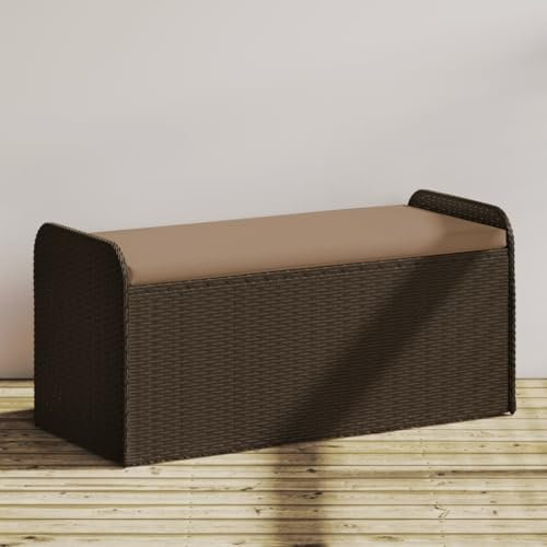 SDWEHO7 Gartenbank mit Stauraum & Kissen, Balkonbank wetterfest, Terrassenbank, Garten-Relaxbank, Lounge-Bänke, GartenMöbel, Outdoor-Bank, Sitzbank, Braun 115x51x52 cm Poly Rattan