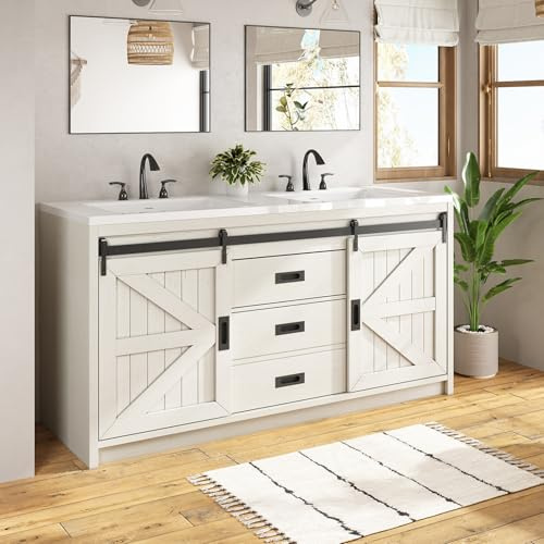 LUXOAK 61 Farmhouse Sliding Barn Door Double Vanity with Sink Combo, Freestanding Bathroom Vanity Cabinet with Drawers & Metal Handles, Distressed White