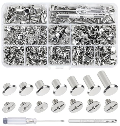 Annickee 175 Sets Chicago Binding Screws, 7 Sizes Leather Rivets Kit | 4/5/6/8/10/12/15mm Book Binding Rivets, Leather Rivets with Screwdriver and Drilling Tool, for Leather Crafts, Clothes, Shoes