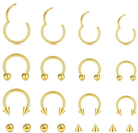 NIUSIMAN 16G Hinged Clicker Segment Septum Rings Stainless Steel Nose Horseshoe Hoop Eyebrow Lip Cartilage Helix Tragus Earrings Piercing Jewelry 6/8/10/12mm Replacement Balls 3mm Gold