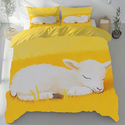 Meugesoi Niedlich Schaf Bettwäsche 200x200 cm 3-Teilig, Tierdruck Bettbezug Microfaser Weich Atmungsaktiv mit Reißverschluss, Bettwäsche Set mit 2 Kissenbezüg 80x80 cm