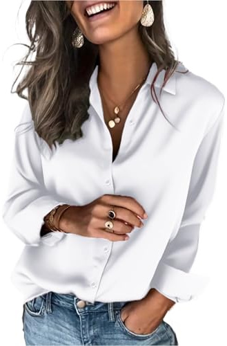 Zeagoo Chemise en Satin pour Femme à Manches Longues Soie Chic Boutons Chemisier Élégante col en V Blouse Décontracté Affaires Shirts Ample Fluide Hauts Blanc L