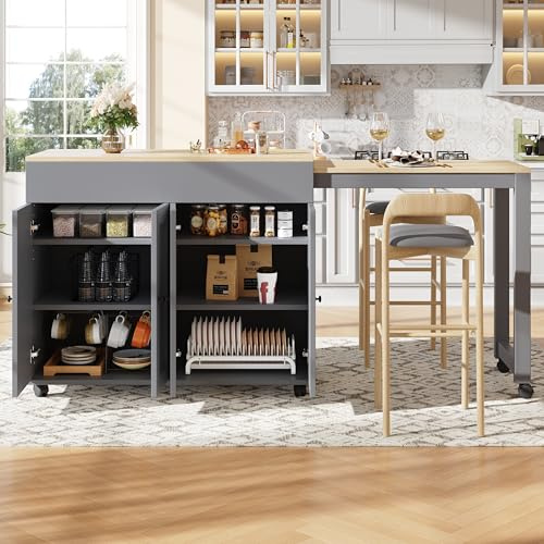 DRIXNO Moderner ausziehbarer Bartisch(118-180×50×94cm),Ausziehbarer Esstisch mit Stauraum, für Esszimmer,Verwendung als Wohnzimmertrennwand, Grau
