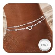 Finrezio 925 Sterling Silver Anklet Bracelet for Women Dainty Layered Waterproof Adjustable Silver Anklet Beaded CZ Heart Anklet Foot Jewelry B