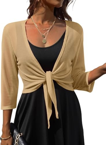 PrinStory Mujer Corbata Frontal Shrug Manga 3/4 Bolero Cardigan Ligero Verano Casual Bufanda Corta Top, Café ligero., M