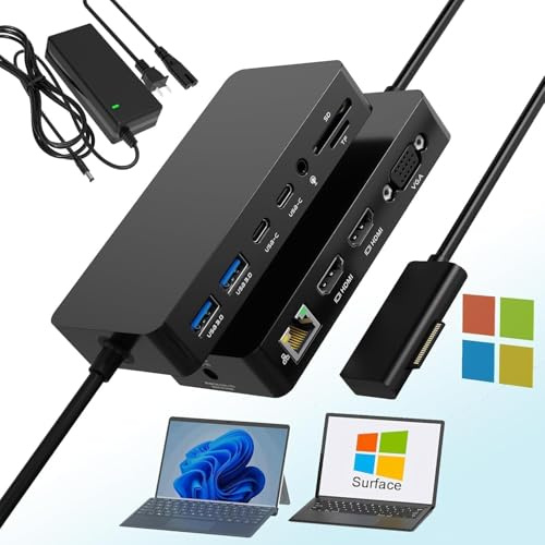Ms Surface Dock 2, 12 in 1 Surface Docking Station Triple Display 2*HDMI +VGA mit Power Adapter für Surface Pro 11/10/9/8/X/7/6/5/4/3, Surface Laptop 7/6/5/go/4/3/2/1, Surface Book 3/2/1