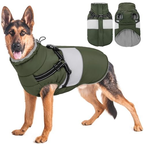 AOFITEE Hundemantel Grosse Hunde, Winter Wasserdicht Hundejacke Hundemantel mit Geschirr, Warmer Wintermantel Hundejacke Fleece Weste Winddicht Hunde Mantel für Deutsche Schäferhunde, Grün 3XL