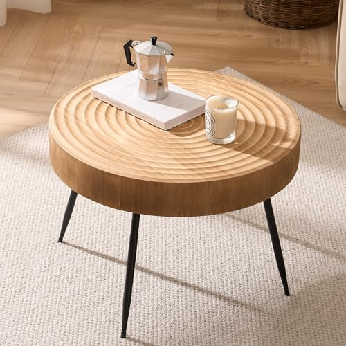 Cagnolier Beistelltisch Rund Holz, 60×42cm Großer Coffee Table | eines Jahresrades, schwarzen metallbeinen, fur wohnzimmer, massivholzfurnier, holzfarbe, kleiner couchtisch, handgefertigt