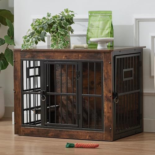 Gardner Pet Hundekäfig Möbel, Hundebox für Zuhause, 83x58x65 cm, Braun | Hundebox für Zuhause, Moderne Hundehütte Indoor, 3 Türen, Verstellbare Näpfe, Metall und Holz, Für mittlere Hunde