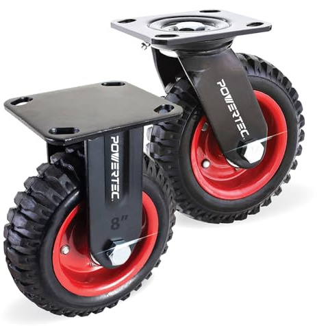 POWERTEC 8 Inch Caster Wheels Set of 2 (1 Swivel & 1 Fixed), Heavy Duty Casters w/Rubber Knobby Tread for Workbench, Dolly, Cart, Trolley, Wagon, Toolbox and Chicken Coop, Large Castor Wheels (17057)