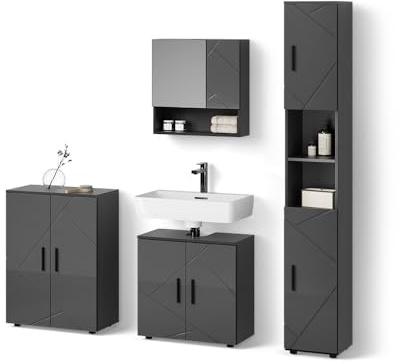 Livinity Badmöbel-Set Ronco Anthrazit Hochglanz | 4 Teile, mit Hochschrank und Kommode