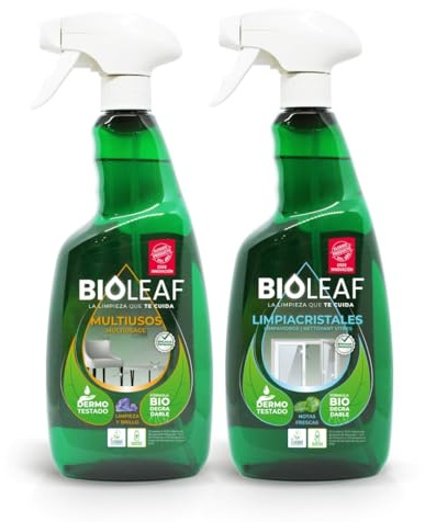 BIOLEAF® – Multiusos + Limpiacristales Pack 2×750 ml | Limpieza Total Hogar | Brillo Duradero en Superficies y Cristales Sin Huellas | Fórmula Biodegradable | Dermatológicamente Testado