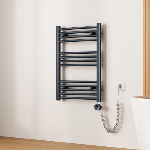 EMKE Scaldasalviette Elettrico Bagno,Curvo,75 x 50 cm, Antracite | 300 W,Termoarredo Asciugamani da Bagno con WIFI Termostato,Radiatore da Bagno