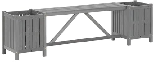 HGFDCBK Banc en acacia massif gris 150 cm avec 2 pots de fleurs, banc avec jardinières pour terrasse et jardin