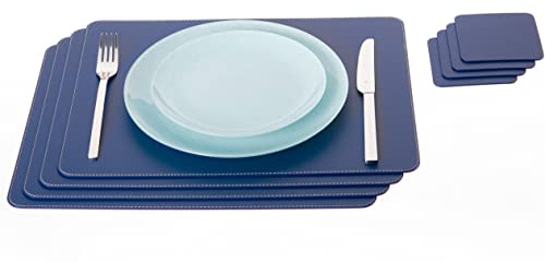 Nikalaz Platzsets und Untersetzer (4er Set) aus recyceltem Leder, Tischsets, 4 Stück Platzsets und 4 Undersetzer, Platzdeckchen und Untersetzer 10 x 10 cm (40 x 30 cm, Blau)
