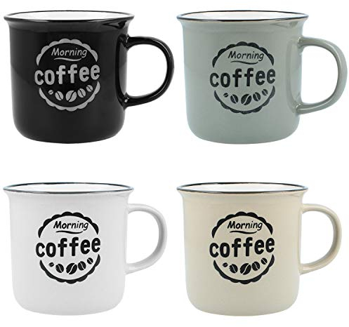 com-four® Taza de café 4x - taza de café de cerámica - taza con asa en aspecto esmaltado para el hogar, la oficina, el jardín, el campamento [la selección varía] (04 piezas - beige/gris/negro/blanco)
