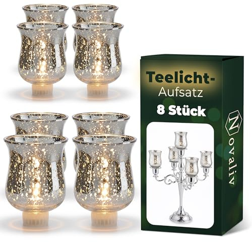 8 Stück Novaliv Teelichtaufsatz Silber Glasaufsatz für Kerzenleuchter Kerzenständer Glas Adventskranz Teelichthalter Stabkerzenhalter Weihnachten Kerzenpick