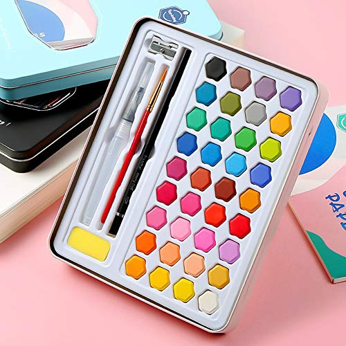 IBLUELOVER Ensemble de Peinture Aquarelle 36 Couleurs avec Papier Pinceau Eponge Taille-Crayon Enfant Artiste Kit Boîte de Peinture Aquarelle Professionnel Peinture Gouache Solide Dessin Pigments