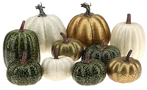 Kepfire 10 Stück Kürbisse Deko,Künstlicher Kürbis deko für Herbst Thanksgiving Halloween Deko Kürbis - Zufällige Mischfarbe(Grün&Gold&Weiß)