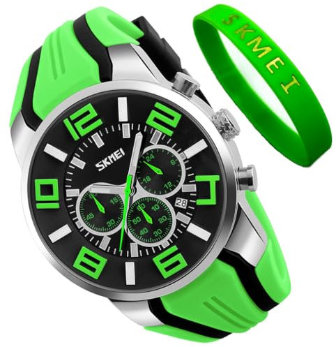 SKMEI Orologio da uomo con cinturino in silicone, impermeabile, sportivo, alla moda, casual, grande, con cronografo, lussuoso, luminoso, analogico, al quarzo, nero, idea regalo, G9128verde, Moda