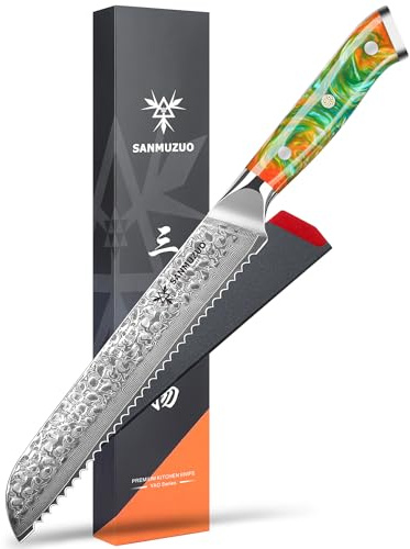 SANMUZUO Cuchillo de pan de 20cm, hoja dentada, acero de Damasco martillado y Mango de resina - Serie Yao