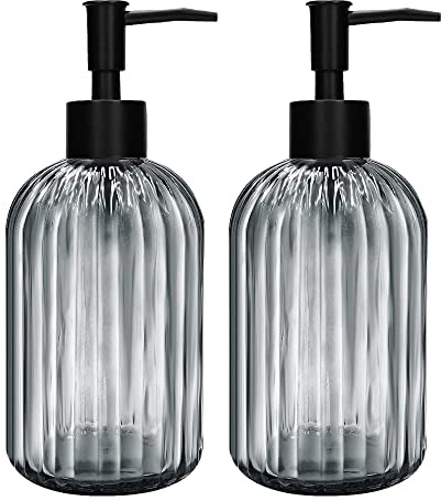 2 Stück Glas Seifenspender mit Schwarz Pumpe, 400ml Nachfüllbarer Pumpspender für Küche, Badezimmer Order Waschküche, Flüssigglasflasche für die Spülmittel, Shampoo, Spülung