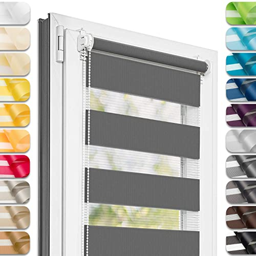 Estika Doppelrollo Klemmfix ohne Bohren - 90 cm x 220 cm - Anthrazit - 27 Stofffarben, Tag und Nacht Duo Rollo, Rollos für Fenster ohne Bohren, Fenster Sichtschutz (90 cm Stoffbreite)