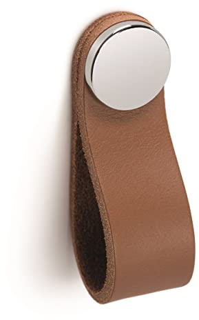Gedotec Möbelknopf aus Vollmetall und Leder | 1 Stk Türknopf für Schränke - Chrom poliert - Beige inkl. Befestigungsmaterial | FLEXA 0404 | LA: 128 mm | Knöpfe für Küchenschränke Schrankknöpfe