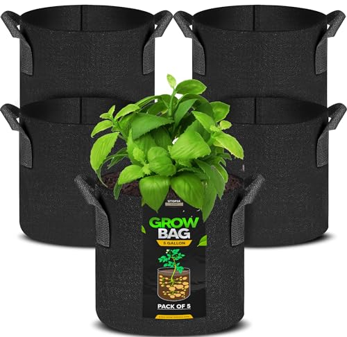 Utopia Home 5 Pack 5 Gallon Fabric Grow Bags, Heavy Duty Thickened Fabric Planters Pots, Aeration Pots with Handles, Nonwoven Bags Suitable for Vegetables Flowers Mushroom (5 Gallon)