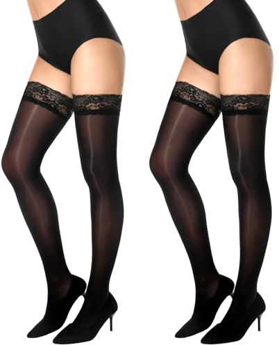 MANZI Halterlose Strümpfe für Damen Sexy Ölig Glänzend Feinstrümpfe 15 Den | Seidenglatt Nylonstrümpfe Damen Schwarz Hautfarbe,2 Paar