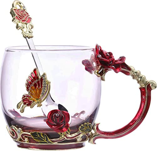 Tazza da Tè in Vetro Smaltato, Farfalla Fiori Tazza da Tè con Cucchiaio in acciaio, idea Regalo Perfetta per donne, moglie, fidanzata, festa della mamma, San Valentino, matrimonio (rosa 330ml)