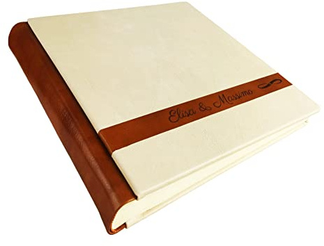 Album Fotografico Artigianale - Marte - in Similpelle pregiato con Inserto in Vero Cuoio, Personalizzabile con Incisione. Ideale per Qualsiasi Evento (Beige Claro/Cuero Miel)