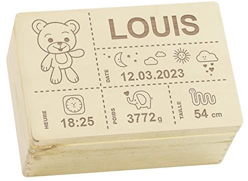 LAUBLUST Boîte à souvenirs bébé personnalisée - Cadeau de naissance avec prénom | Ours en peluche, tailles S, M, L, XL - Boîte à souvenirs pour filles & garçons | Boîte en bois naturel ou blanc, FSC®