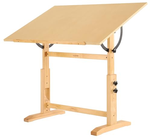 VISWIN 76 x 107 cm Extragroßer Zeichentisch aus Holz, Höhen- und Winkelverstellbar, Künstlertisch aus Massivem Kiefernholz zum Zeichnen, Flach Neigbar, Studio-Kunsthandwerkstisch zum Malen