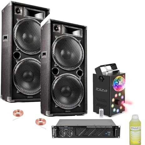 Générique Pack Sono Enceintes 2 x 1000W Ibiza Sound - Ampli 2x800W - Machine Fumée LED Foggy-Astro - Liquide 1L - Cadeau DJ Salle des fêtes