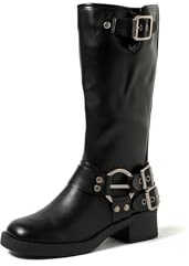 QUEEN HELENA Stivali Biker con Fibbia con Tacco Basso Casual Donna X30-119 (Nero, Sistema Taglie Calzature EU, Adulto, Donna, Numero, Media, 39)