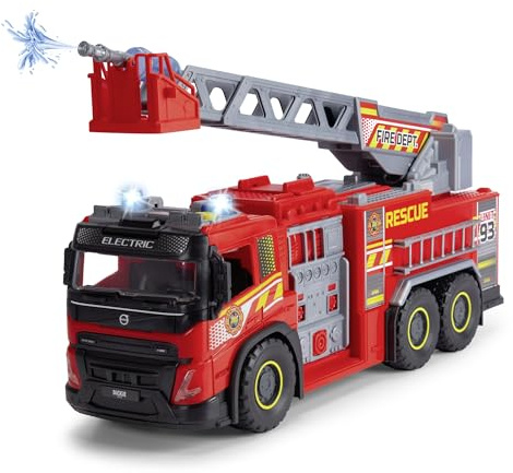 Dickie Toys 203719031 - Volvo Brandbil - Volvo Brandbil från Dickie Toys med Frihjul, Förlängnings- och Vridbar Stege samt Vattensprutarfunktion, 57 cm, Från 3 år